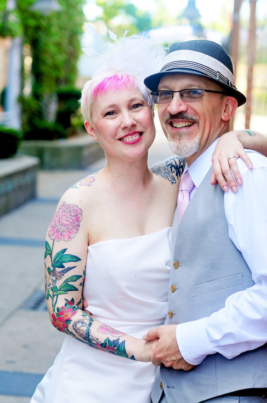 bride with short hair and tattoos