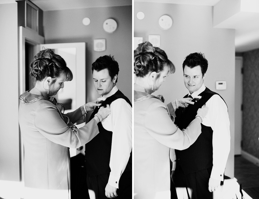 bride getting a boutonniere put on