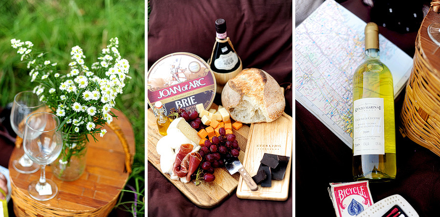 Alisa & Kim had a gorgeous picnic ready to arrange for their engagement session -- flowers, wine, cheese, grapes, and chocolate, among other goodies!