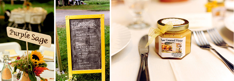 Althea & Tom put together such an amazing farm wedding. Herbs for table names, chalkboard signs, and local honey for favors from Tomten Beeworks!