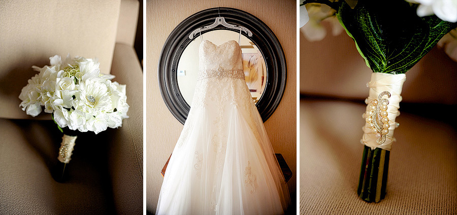 Some of Ashley's details -- her white silk flower bouquet, amazing dress, and bouquet brooch!