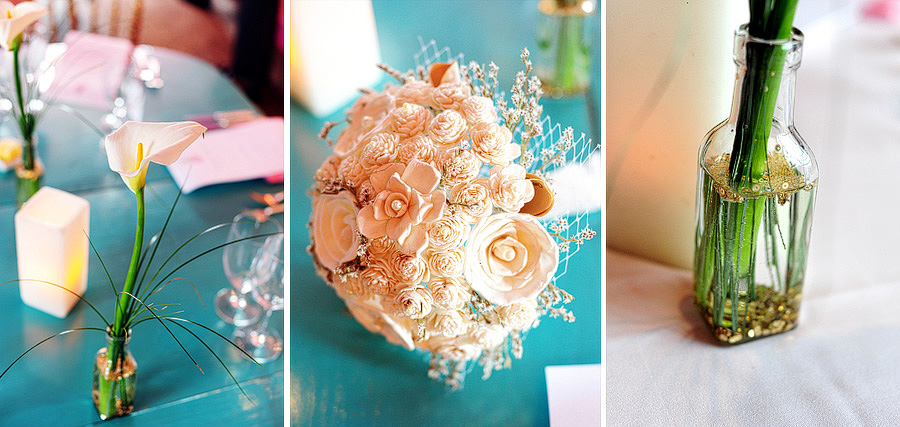 They had simple flower arrangements on the tables (with more sequins!) and Britni carried a balsa wood bouquet. :)