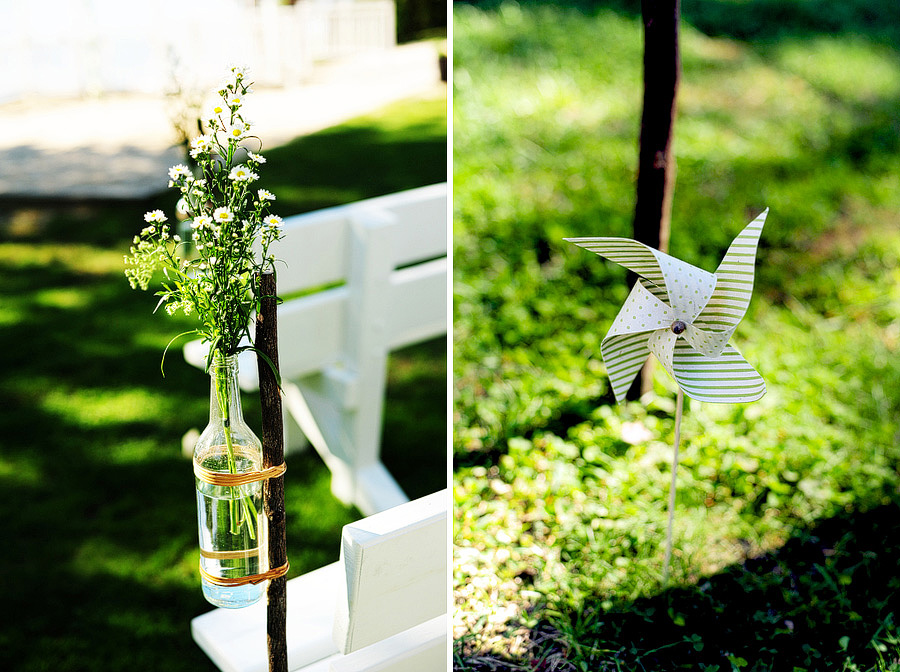 They had flowers in bottles lining the aisle and pinwheels for decor!