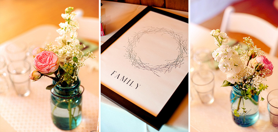 Gorgeous flowers in colored jars provided by Lyndsey Loring Design LLC, and their amazing guest book from Etsy.