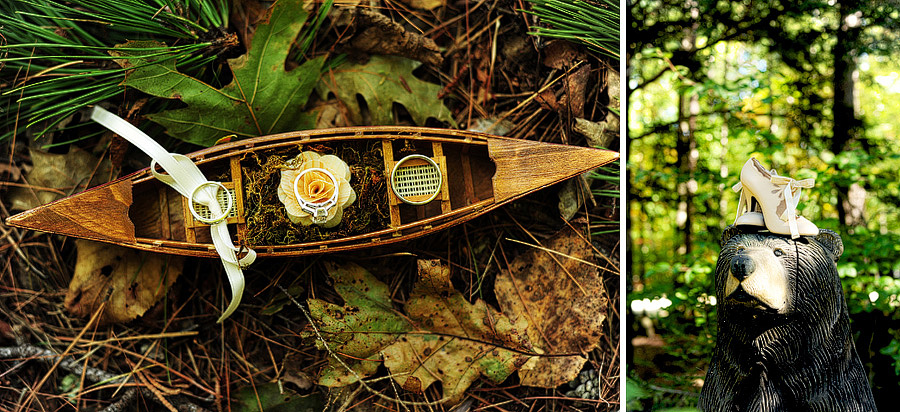 I couldn't resist not only putting their rings in the tiny canoe (for their ring bearer to carry), but also Cortney's shoes on top of the bear. :)