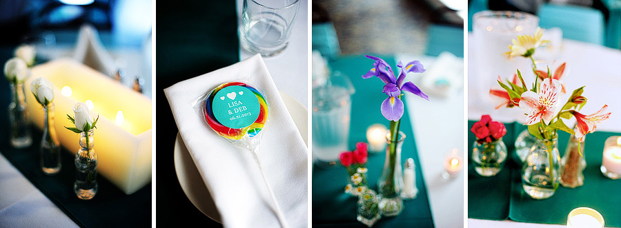 Deb & Lisa had gorgeous flowers around their reception, as well as the best rainbow lollipops as favors!