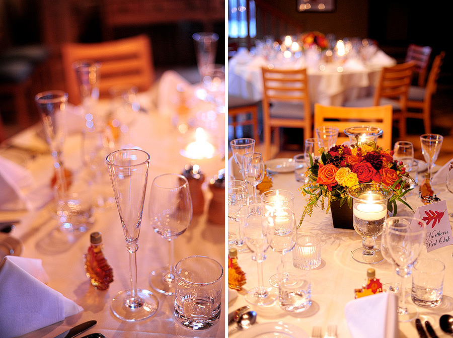 Elizabeth & Bruce had their reception at Simon Pearce in Quechee, VT, so there was no question that the glassware would be stunning! They also had some lovely centerpieces done by Ellen Snyder Design.