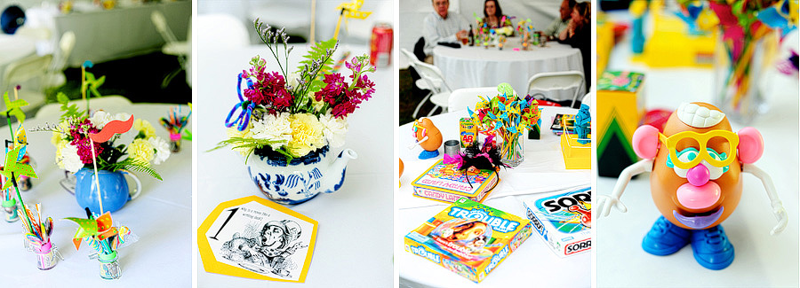 Esther & Brian had such fun reception decor -- lots of crazy colors, tea pots, and toys for the kids. :)