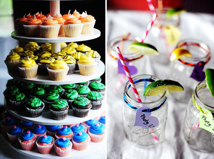 RAINBOW CUPCAKES! Done by Plum Sugar Bakery in Kingston, MA. They also had some awesome mason jar glasses for guests to use (and take home!). 