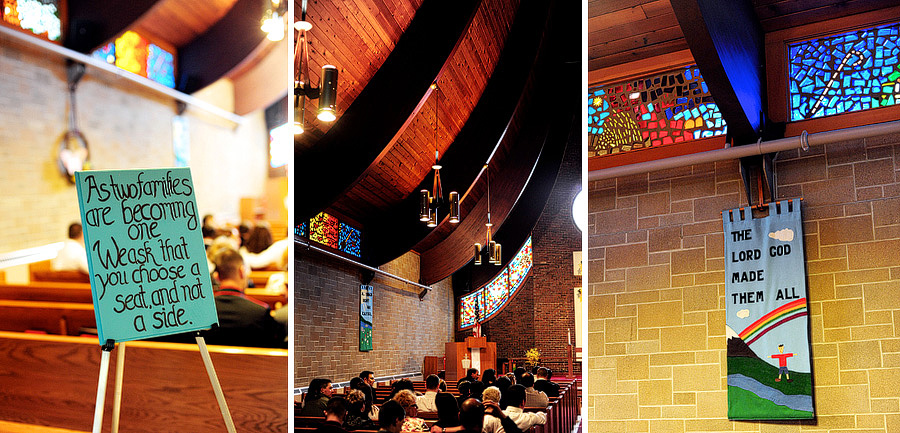 Some of the details at their ceremony -- a sign encouraging everyone to sit wherever they're comfortable, the overall shape and design of the church, and banners hanging up on the walls.