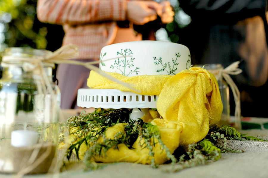 I loved the combination of their cake details -- the design of the cake stand, the simplicity of a plain white cake with ferns etched on, and the yellow sash!