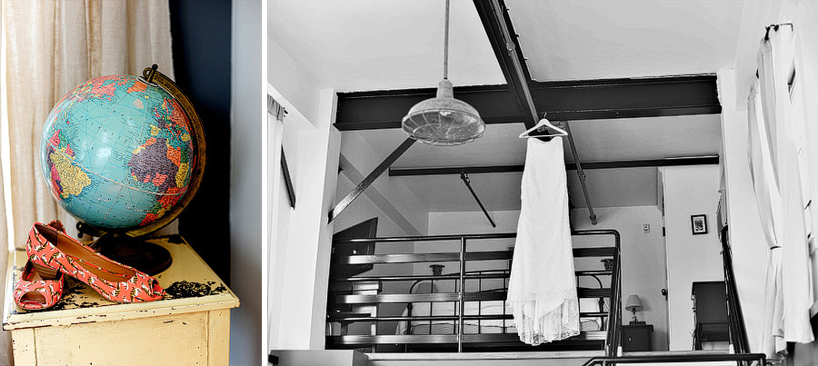 Justine's shoes on the left -- amazing -- and her Vera Wang dress hanging in their incredible Brooklyn hotel room!