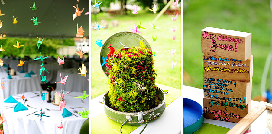 Paper cranes hanging on the side of the tent, an amazing grassy display, and little blocks directing people to the guest book!