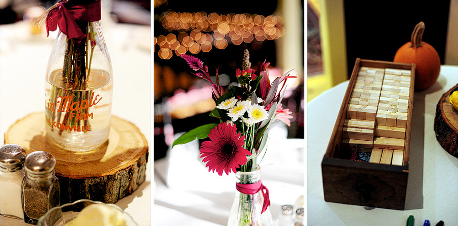 Kristian & Teddy had some awesome decor -- vintage bottles, tree slices, amazing flowers, and their Jenga guest book!