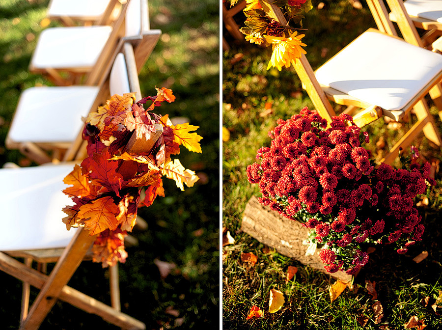 Their ceremony decor was gorgeous as well -- leaves adorning the chairs, and flowers in fall hues.