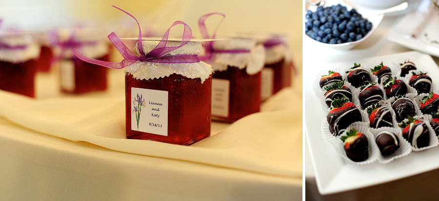They had a friend make homemade jam for their favors -- delicious! -- and they had a chocolate-covered fruit table served along with the cake!