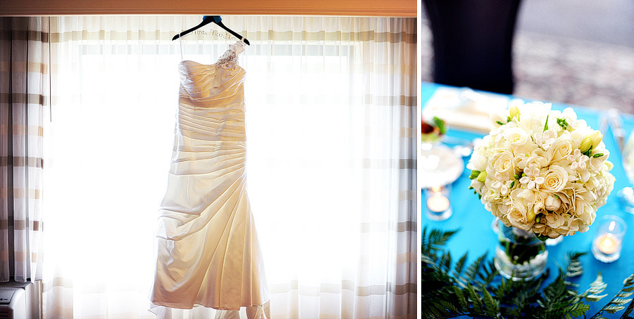 Liz had such a gorgeous dress, I couldn't help but display it in the huge windows in their hotel room. She also had a fantastic bouquet, seen on display at the reception, from Nolan's Flowers in North Attleboro, MA!
