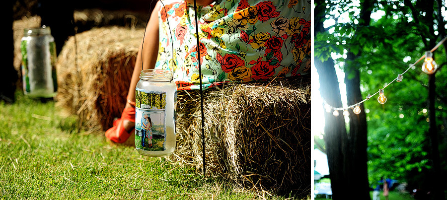 Liz & Rick really embraced the farm wedding aesthetic, which I love. They had hay bales for guests to sit on during the ceremony, homemade lanterns with some of their engagement photos, and strings of bulb lights!