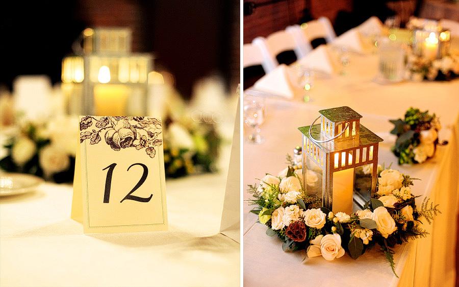 Lucy & Chris had gorgeous decor to help with the naturally awesome atmosphere of their museum venue -- table numbers and lanterns encircled with flowers!