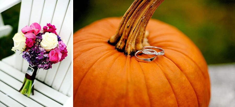 Sara's gorgeous bouquet, and their rings on a pumpkin -- perfect for a November wedding!