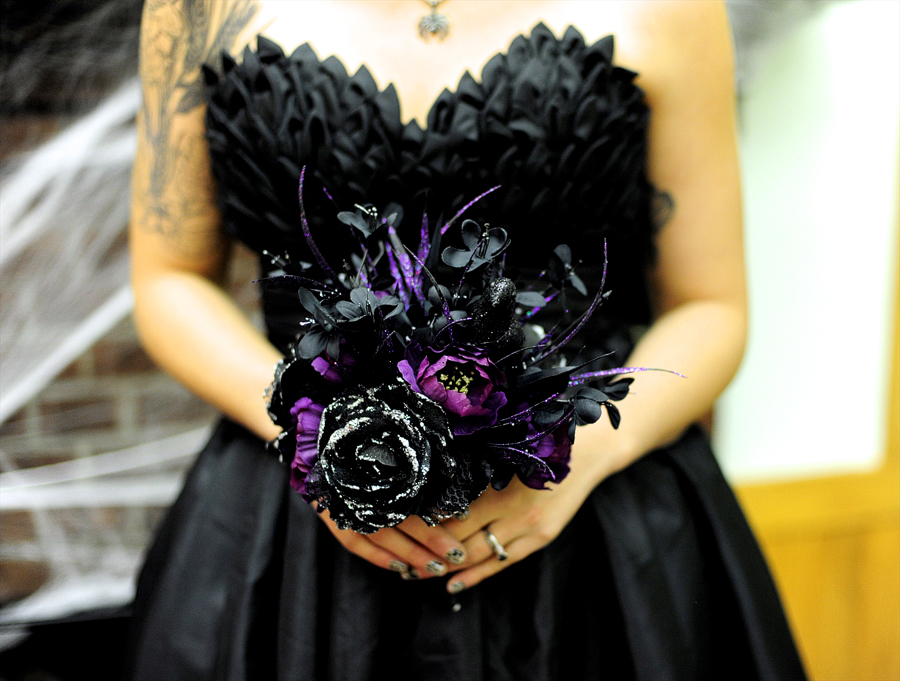halloween wedding dress and bouquet