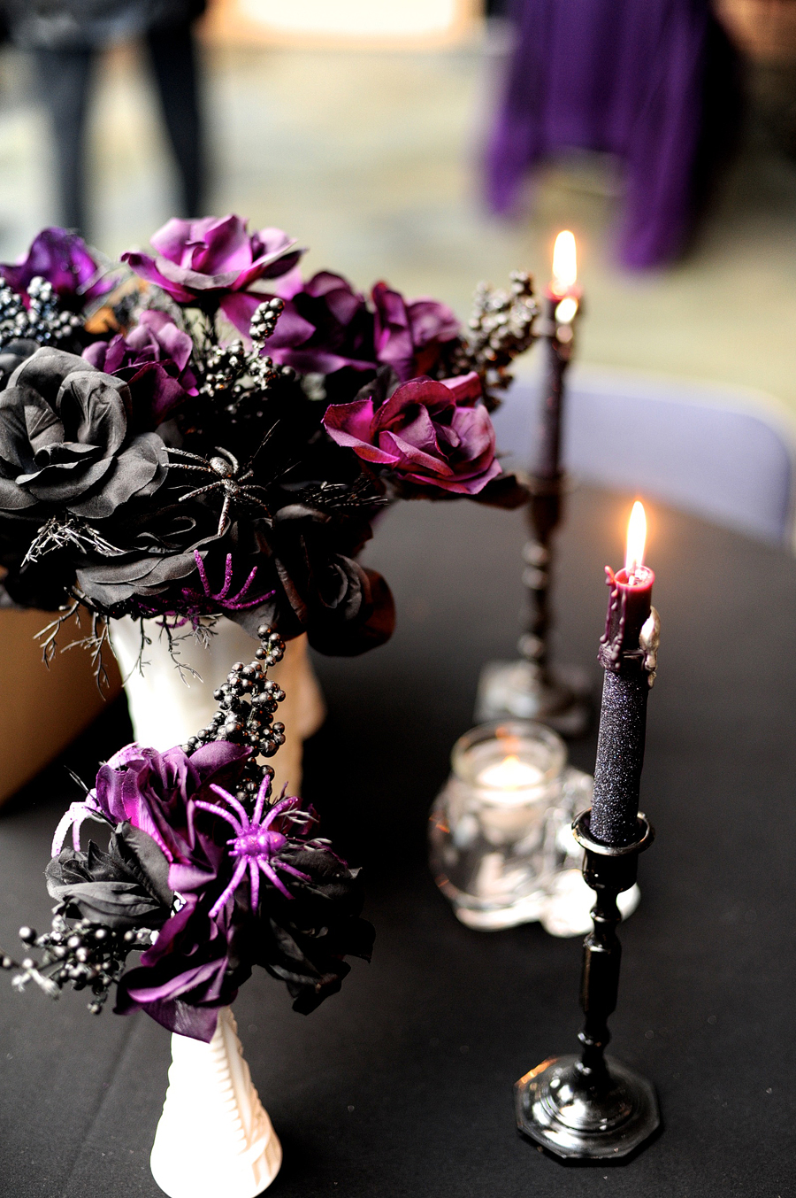 black and purple wedding decor