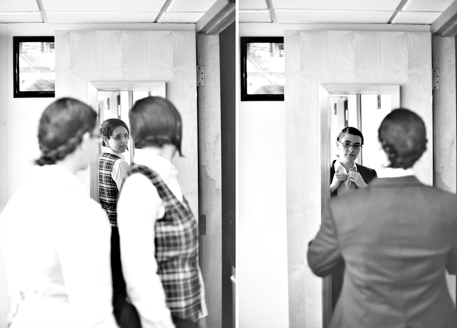 black and white photos of a couple getting ready together