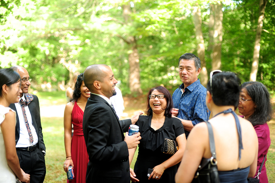 happy guests at a backyard maine wedding