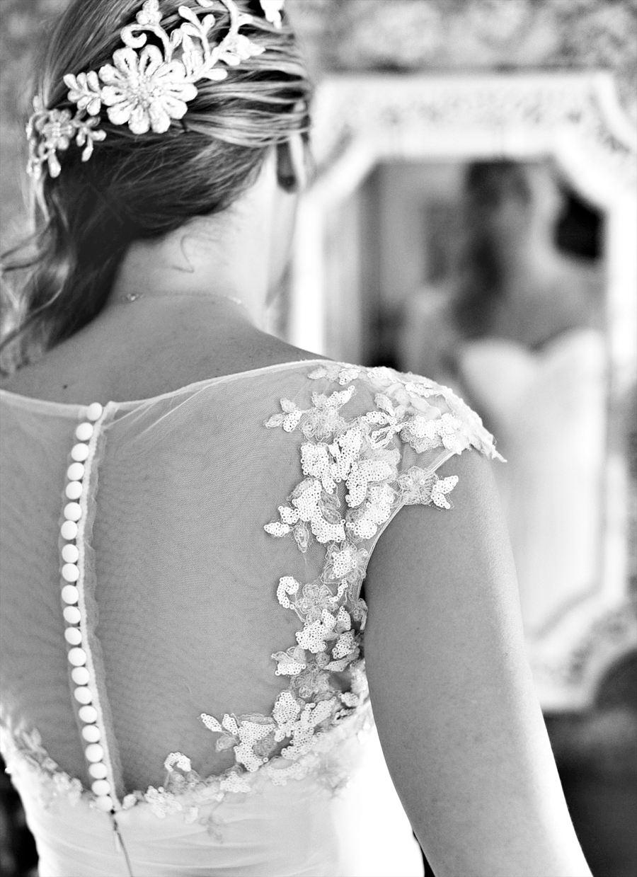 black and white wedding dress detail