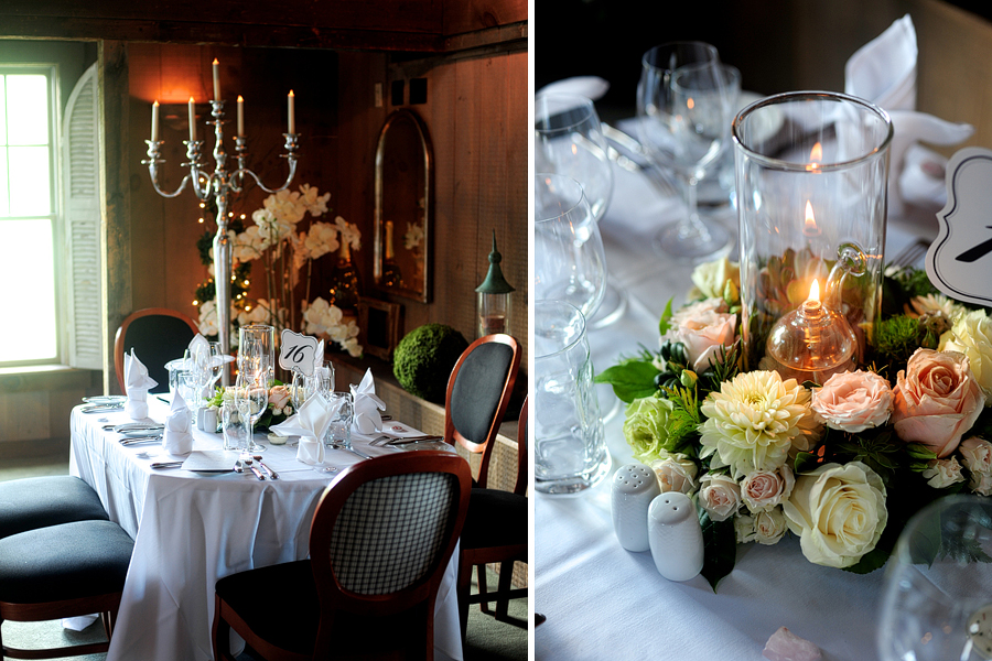 hurricane vase centerpiece and peach roses at on the marsh bistro wedding