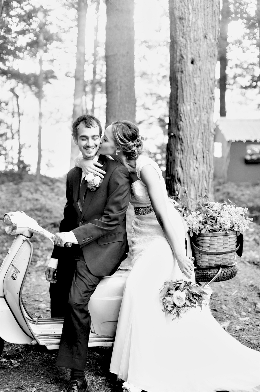 maine wedding, maine wedding photographer, woodsy wedding, wedding couple on a vespa