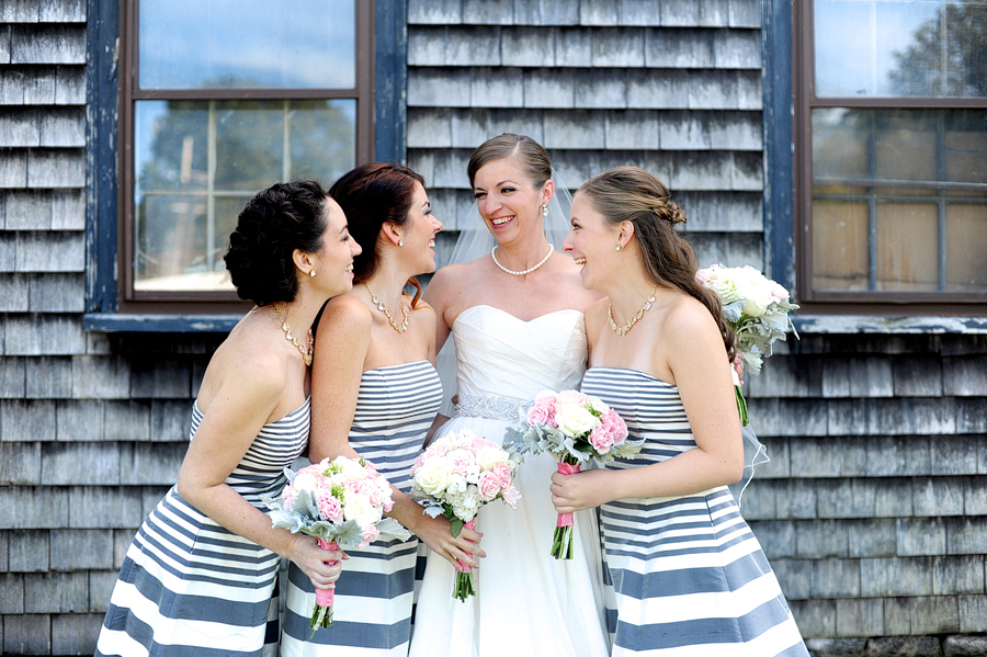 bride with bridesmaids in striped nautical dresses