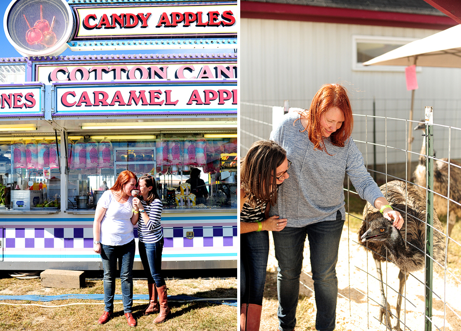 engagement photos with caramel apples and emus