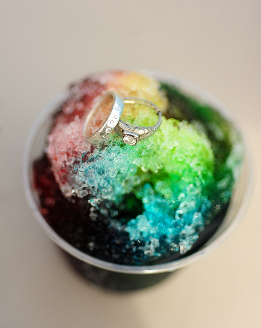 wedding rings on snow cone