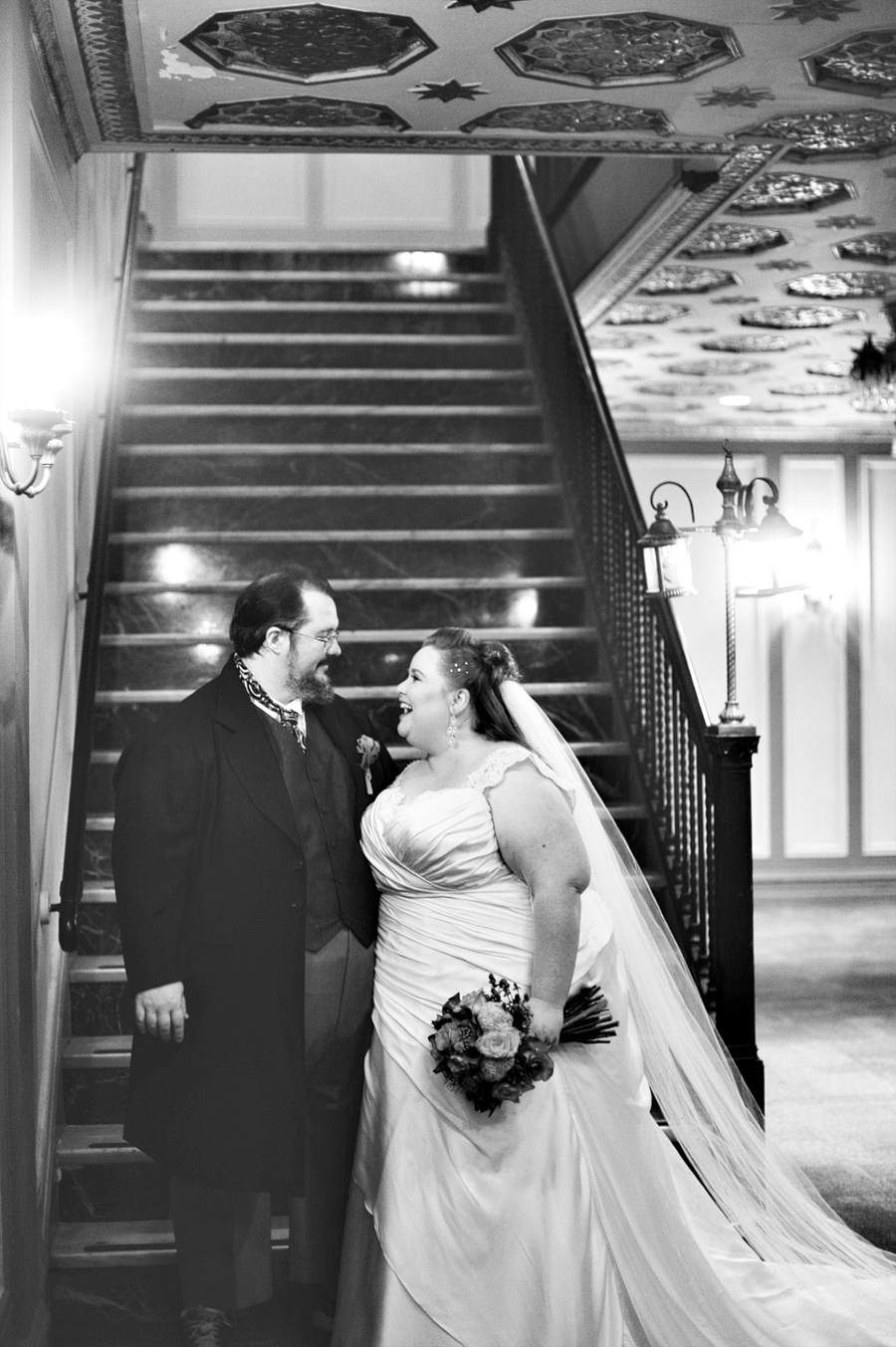 black and white wedding photo at santander performing arts center theater