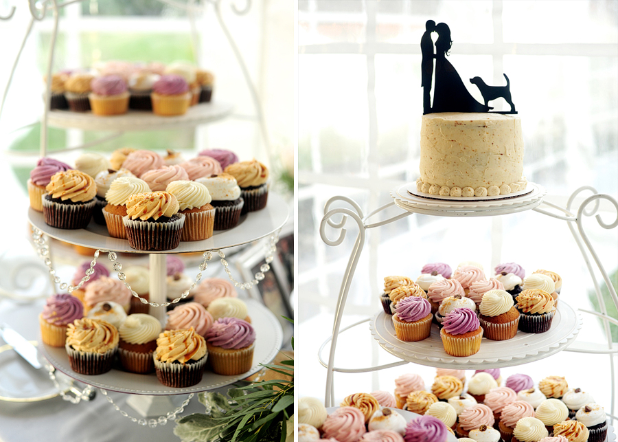 wedding cupcakes and a cutting cake with a silhouette cake topper