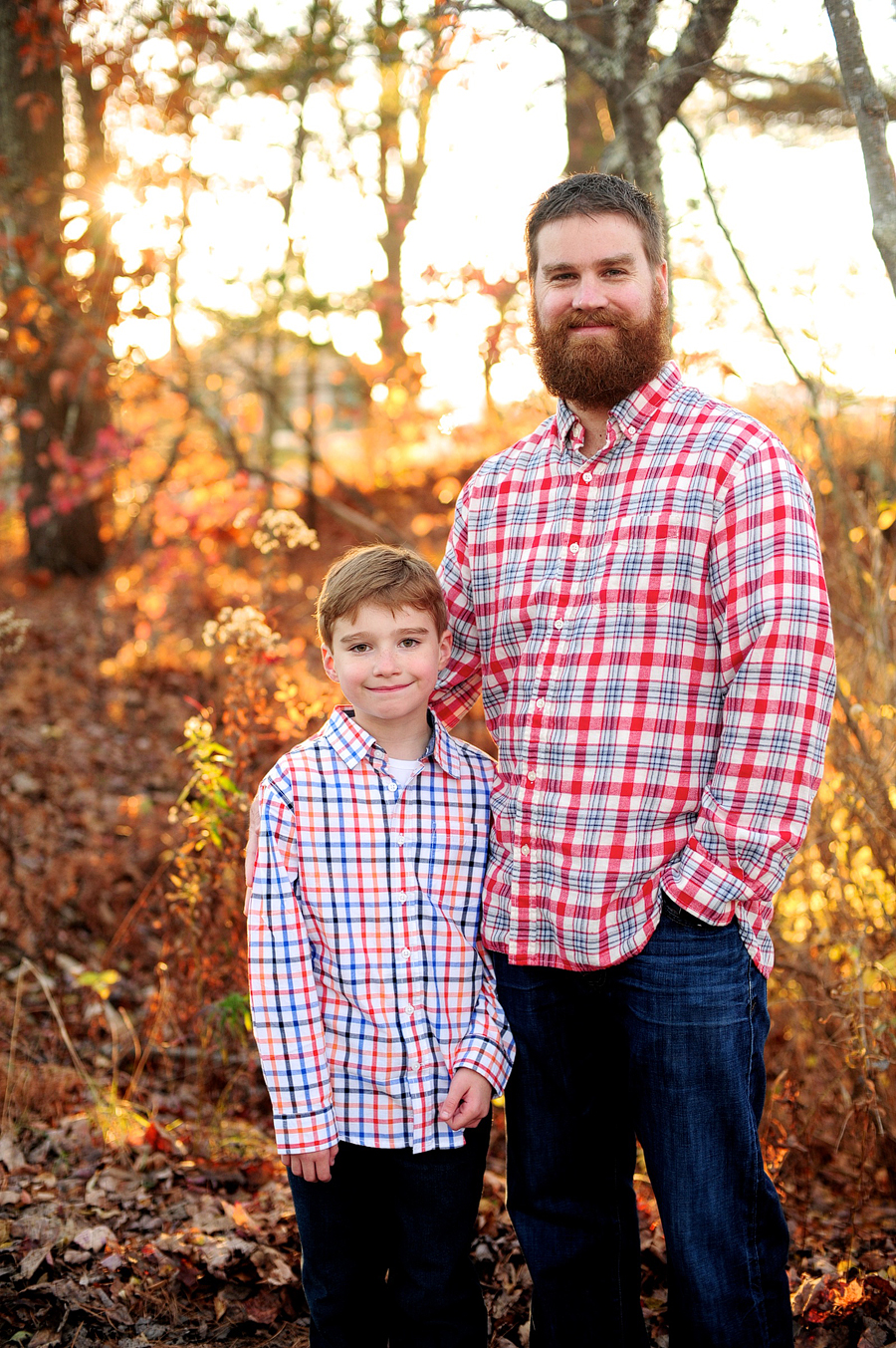 father and son in matching plaid