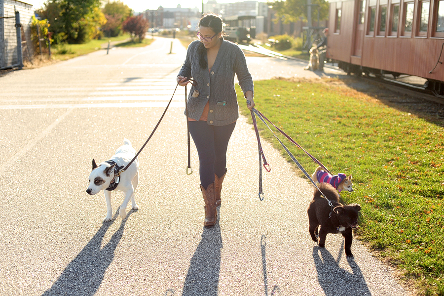 woman walking her two dogs