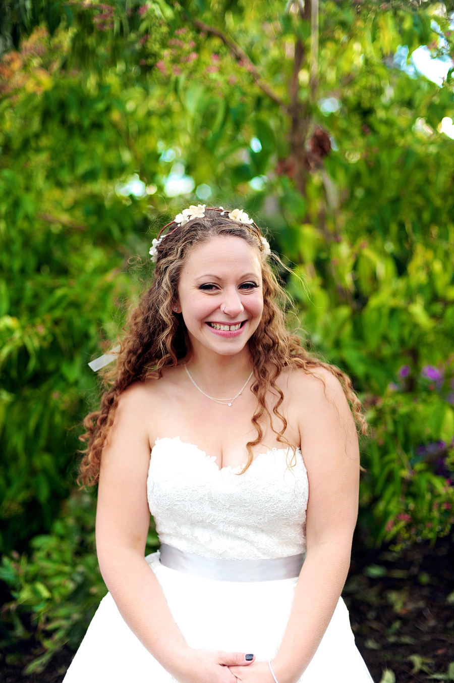 happy bride with flower crown