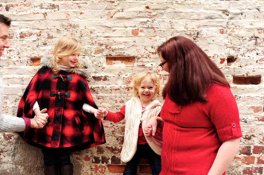 family laughing in old port