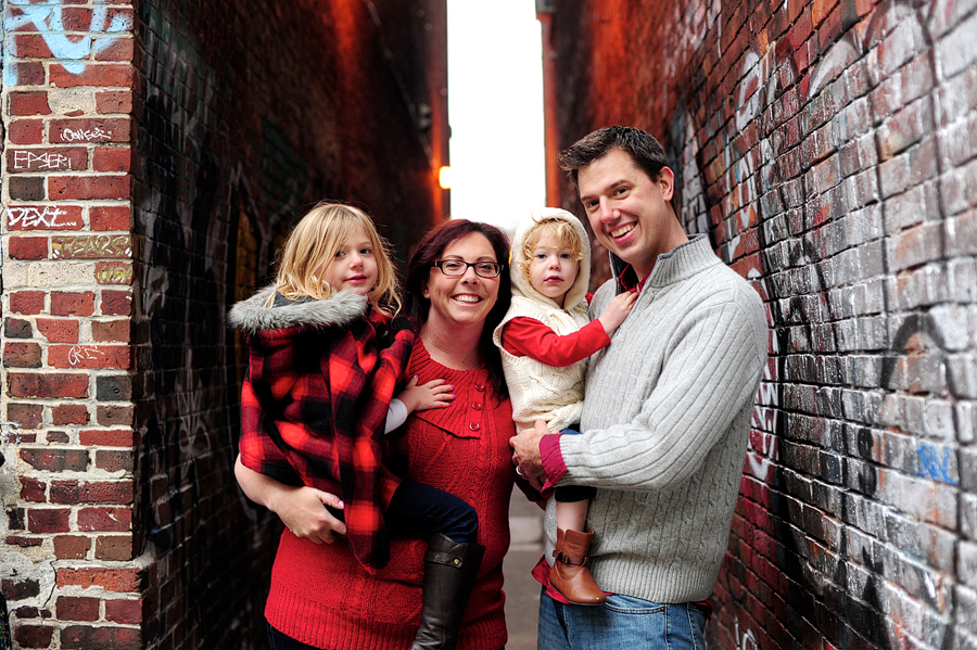 family in alleyway in portland maine