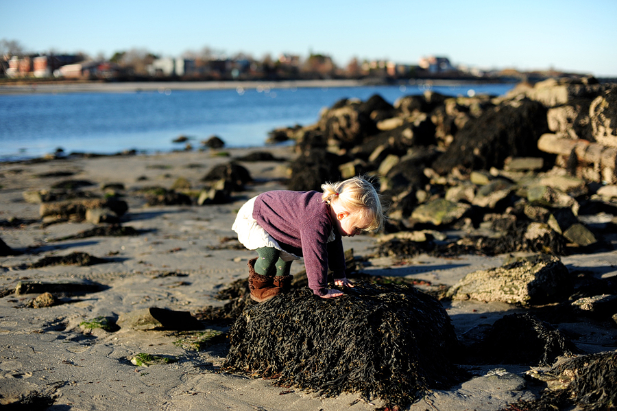 little girl climbing on rocks at beach