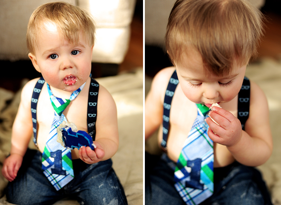 blonde boy eating cake