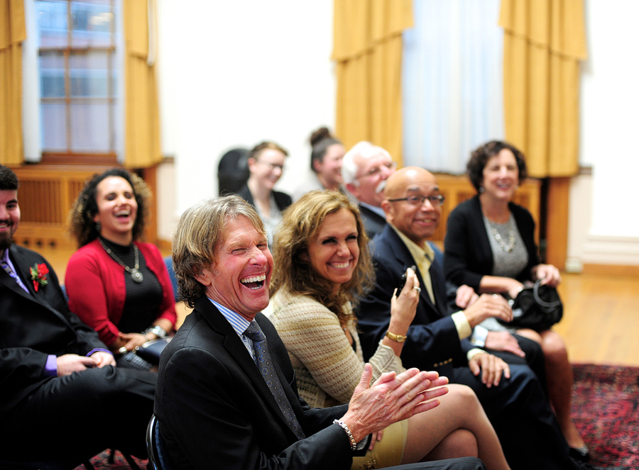 audience laughing at wedding