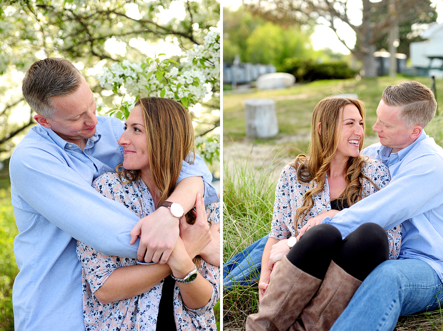 happy couple cuddling in the springtime