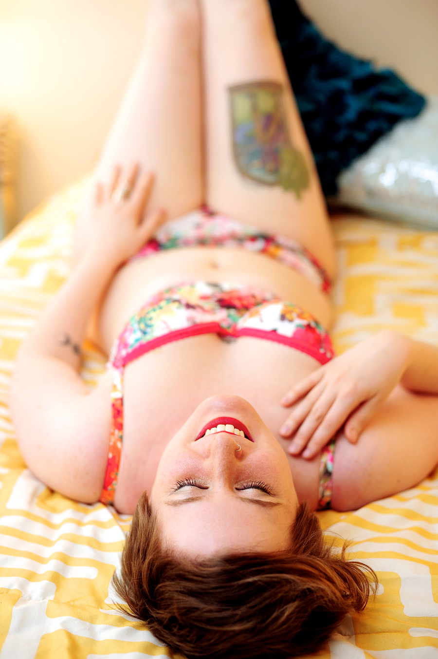 boudoir session with floral lingerie and tattoos