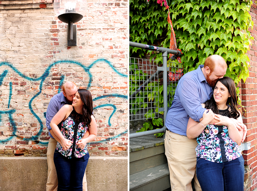 engagement photos by a brick wall with ivy