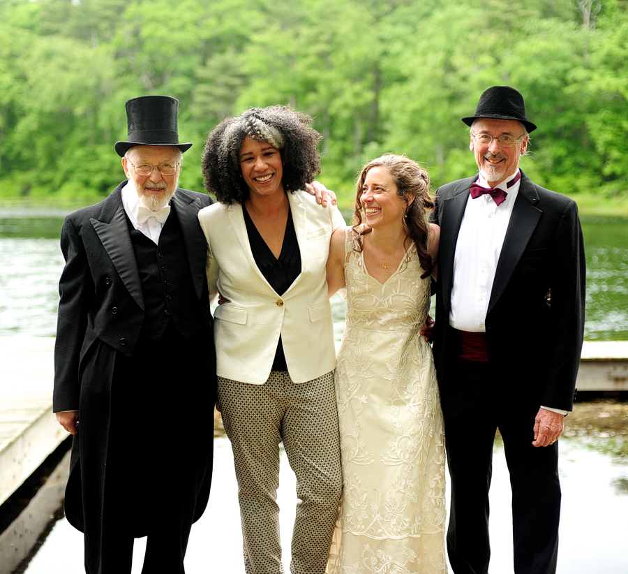 two brides with their dads at camp wing