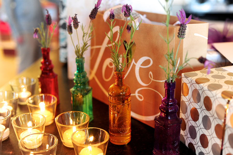 colored glass bottles as wedding decor