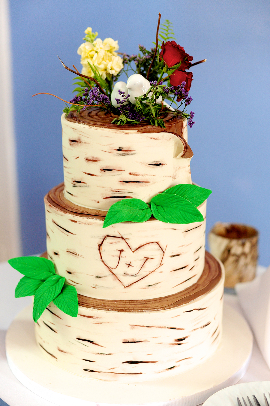 carved birch tree cake with bird nest cake toppers